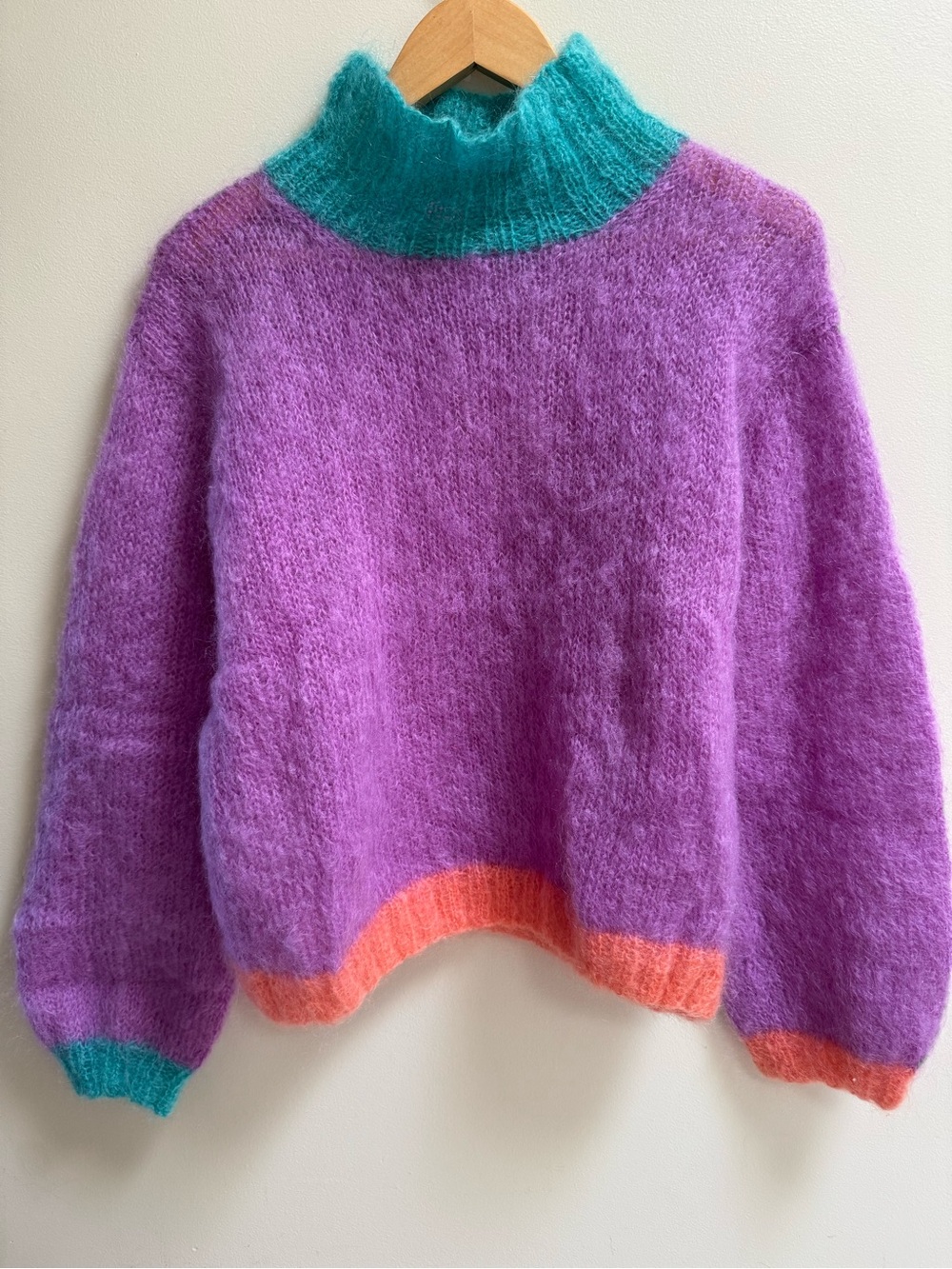 Rose Carmine Purple Mohair-Blend Turtleneck Sweater Teal Collar and Coral Trim